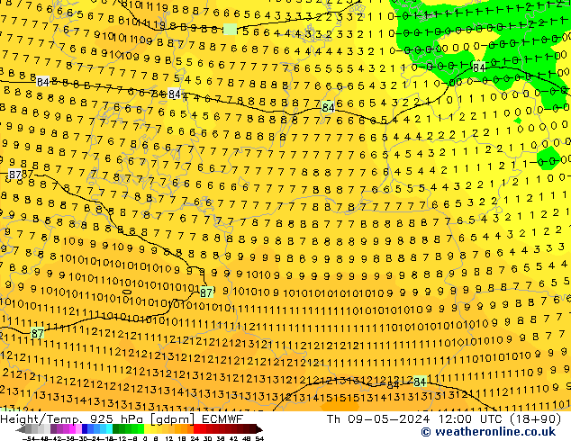 Height/Temp. 925 hPa ECMWF Th 09.05.2024 12 UTC