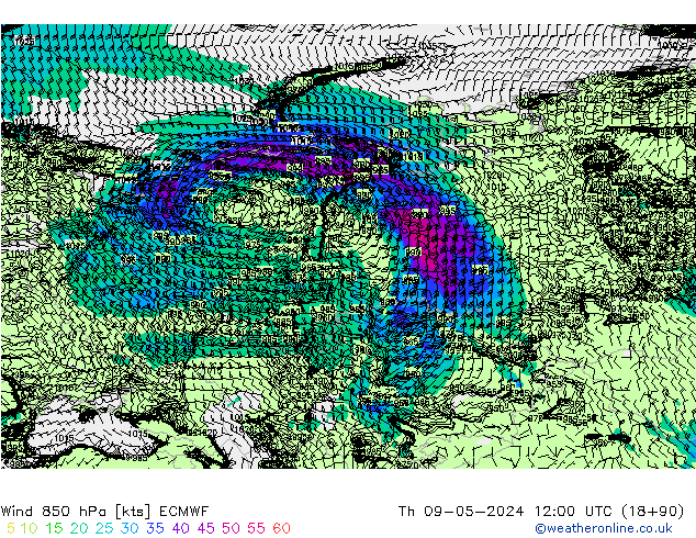 Wind 850 hPa ECMWF Do 09.05.2024 12 UTC