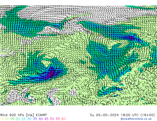 Rüzgar 900 hPa ECMWF Paz 05.05.2024 18 UTC