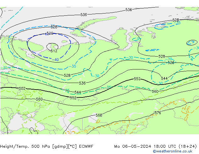 Z500/Rain (+SLP)/Z850 ECMWF Mo 06.05.2024 18 UTC