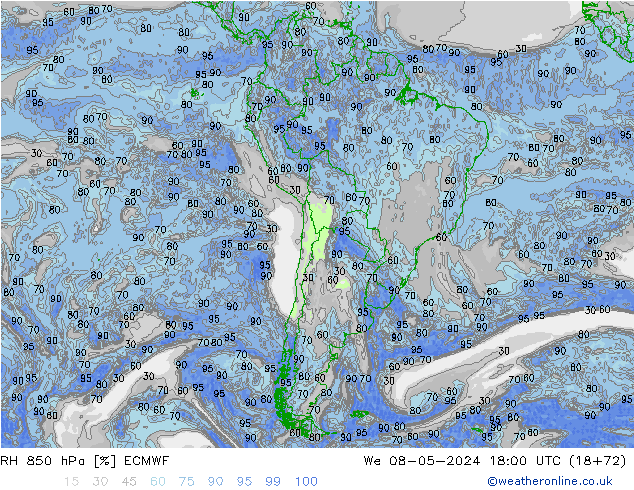 RH 850 hPa ECMWF śro. 08.05.2024 18 UTC