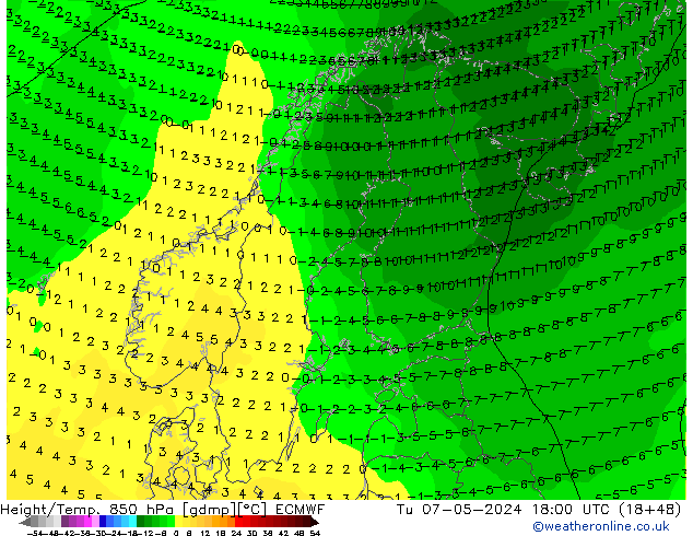 Z500/Yağmur (+YB)/Z850 ECMWF Sa 07.05.2024 18 UTC