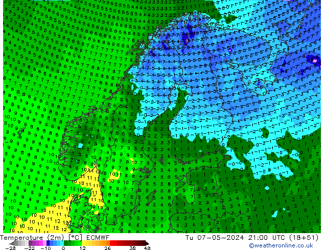 mapa temperatury (2m) ECMWF wto. 07.05.2024 21 UTC