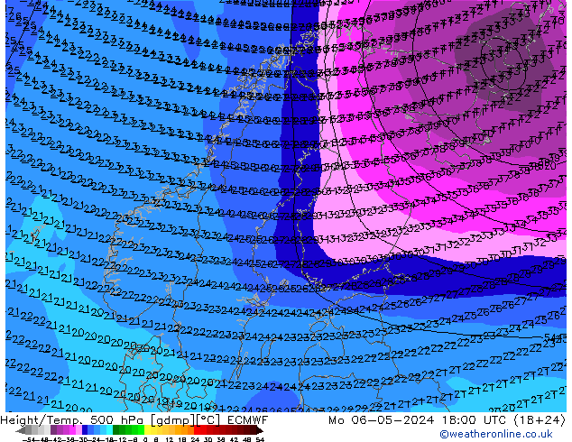 Z500/Rain (+SLP)/Z850 ECMWF Mo 06.05.2024 18 UTC