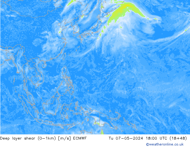 Deep layer shear (0-1km) ECMWF Tu 07.05.2024 18 UTC