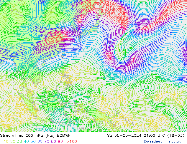 Linea di flusso 200 hPa ECMWF dom 05.05.2024 21 UTC