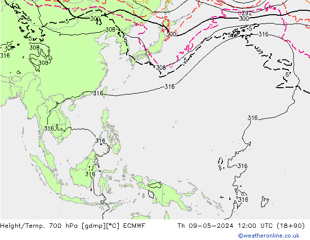 Height/Temp. 700 hPa ECMWF Qui 09.05.2024 12 UTC