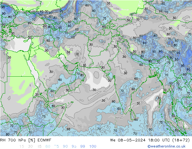 700 hPa Nispi Nem ECMWF Çar 08.05.2024 18 UTC