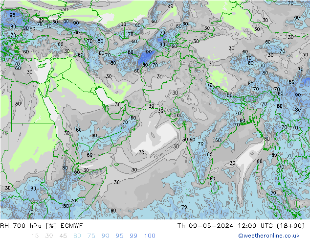 RH 700 hPa ECMWF gio 09.05.2024 12 UTC