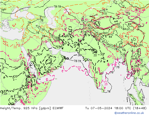 Hoogte/Temp. 925 hPa ECMWF di 07.05.2024 18 UTC