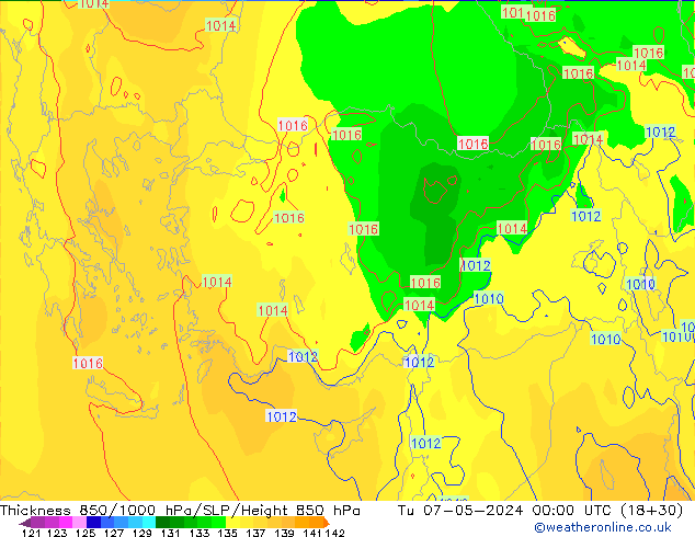 Thck 850-1000 hPa ECMWF wto. 07.05.2024 00 UTC