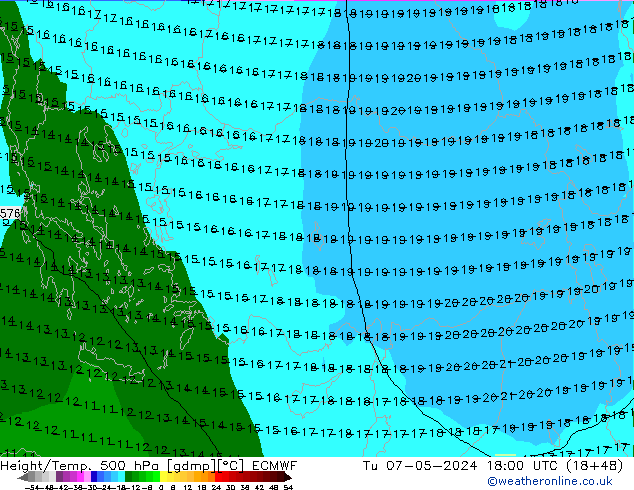 Height/Temp. 500 гПа ECMWF вт 07.05.2024 18 UTC