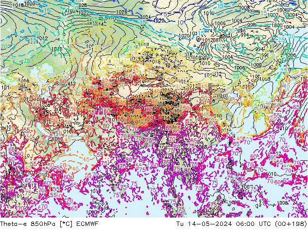 Theta-e 850hPa ECMWF di 14.05.2024 06 UTC