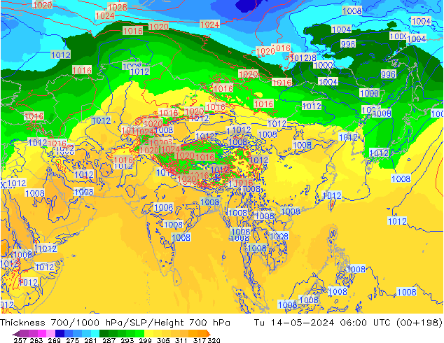 Thck 700-1000 hPa ECMWF Tu 14.05.2024 06 UTC