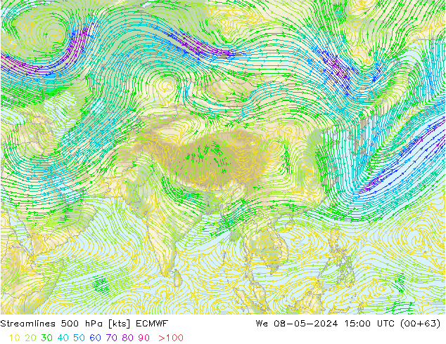 Linea di flusso 500 hPa ECMWF mer 08.05.2024 15 UTC