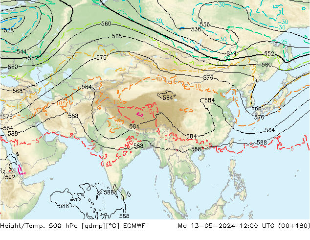 Z500/Rain (+SLP)/Z850 ECMWF pon. 13.05.2024 12 UTC