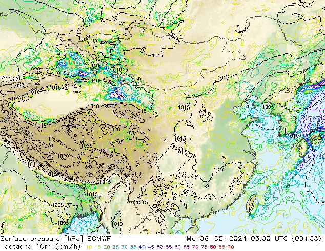 10米等风速线 (kph) ECMWF 星期一 06.05.2024 03 UTC