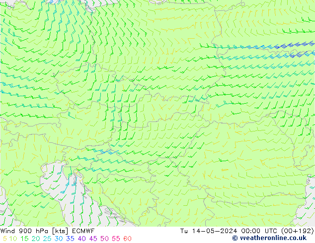 Wind 900 hPa ECMWF Út 14.05.2024 00 UTC
