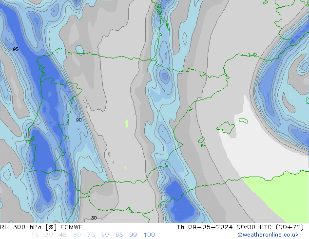 Humidité rel. 300 hPa ECMWF jeu 09.05.2024 00 UTC