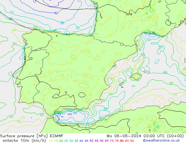 Isotachen (km/h) ECMWF Mo 06.05.2024 00 UTC