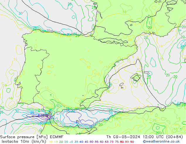 Isotachen (km/h) ECMWF Do 09.05.2024 12 UTC