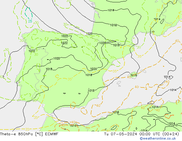 Theta-e 850hPa ECMWF Sa 07.05.2024 00 UTC