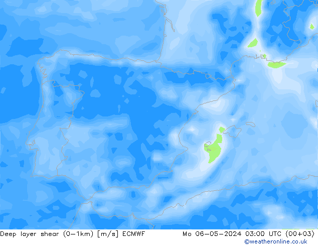 Deep layer shear (0-1km) ECMWF lun 06.05.2024 03 UTC