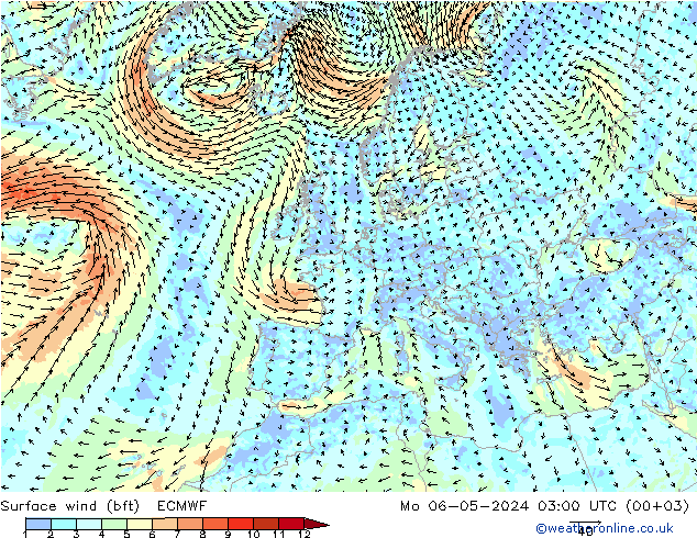 ве�Bе�@ 10 m (bft) ECMWF пн 06.05.2024 03 UTC