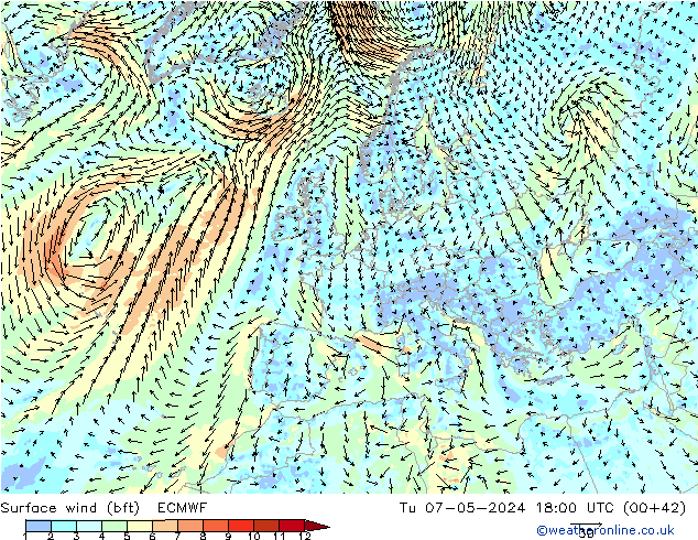 wiatr 10 m (bft) ECMWF wto. 07.05.2024 18 UTC