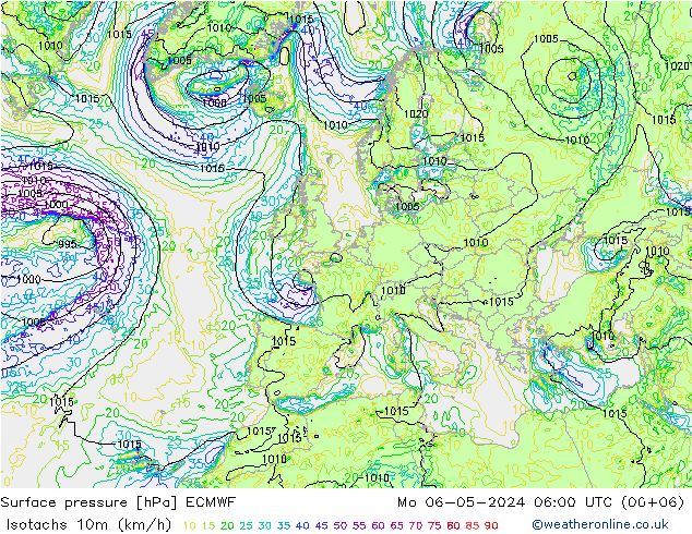 Isotaca (kph) ECMWF lun 06.05.2024 06 UTC