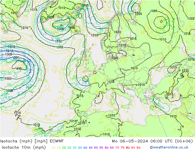 Isotachen (mph) ECMWF Mo 06.05.2024 06 UTC
