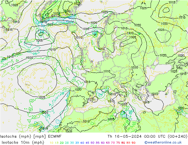 Isotachen (mph) ECMWF Do 16.05.2024 00 UTC