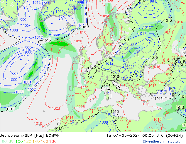 Jet stream/SLP ECMWF Út 07.05.2024 00 UTC