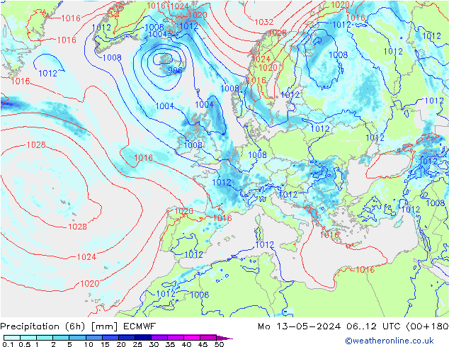 Z500/Rain (+SLP)/Z850 ECMWF Mo 13.05.2024 12 UTC