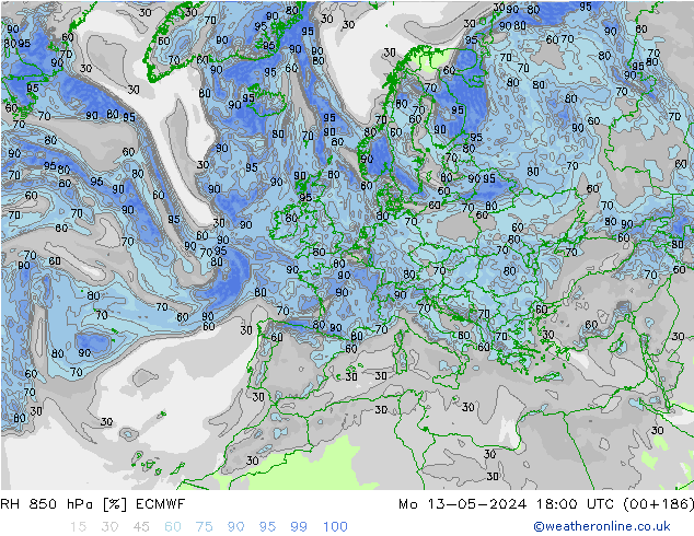 RH 850 hPa ECMWF lun 13.05.2024 18 UTC