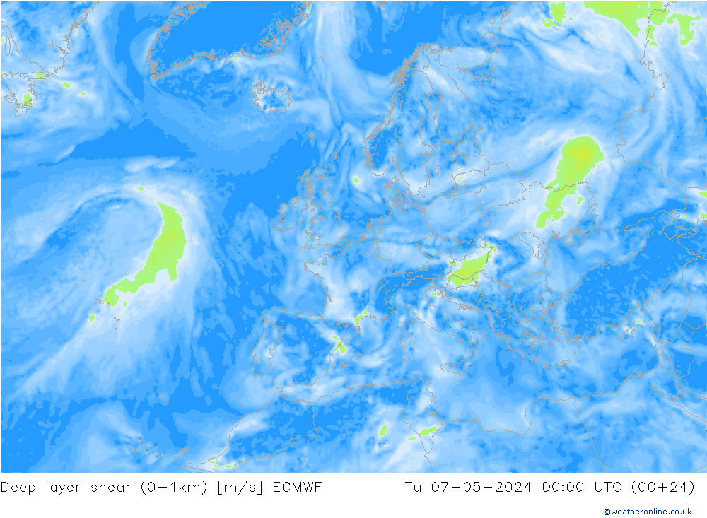 Deep layer shear (0-1km) ECMWF di 07.05.2024 00 UTC