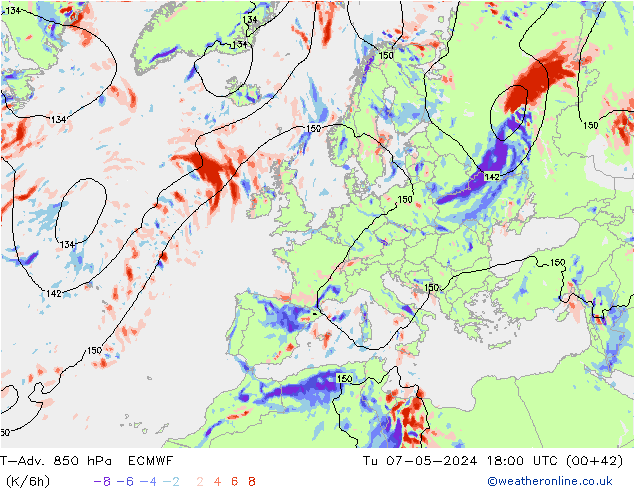 T-Adv. 850 hPa ECMWF Di 07.05.2024 18 UTC