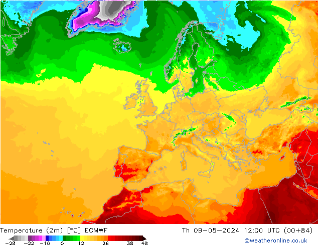 Temperatura (2m) ECMWF gio 09.05.2024 12 UTC