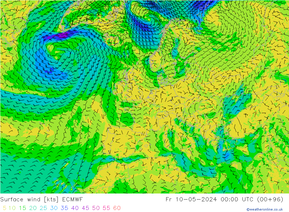 Surface wind ECMWF Pá 10.05.2024 00 UTC