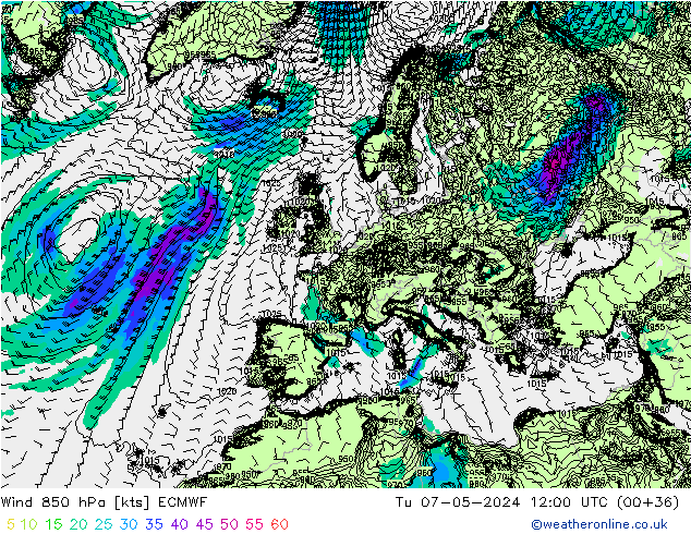 Wind 850 hPa ECMWF Út 07.05.2024 12 UTC