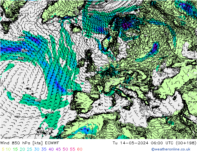 Wind 850 hPa ECMWF Di 14.05.2024 06 UTC