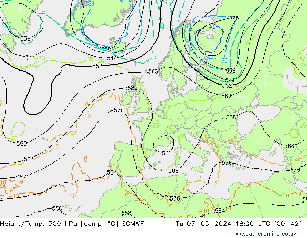 Height/Temp. 500 hPa ECMWF Di 07.05.2024 18 UTC