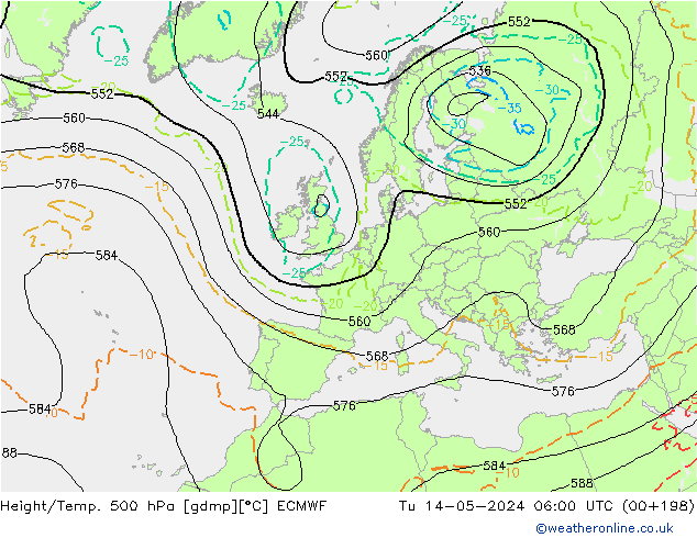 Z500/Rain (+SLP)/Z850 ECMWF wto. 14.05.2024 06 UTC
