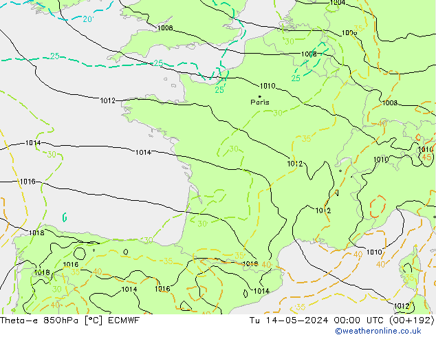 Theta-e 850hPa ECMWF Tu 14.05.2024 00 UTC