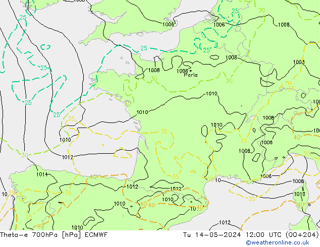 Theta-e 700hPa ECMWF mar 14.05.2024 12 UTC