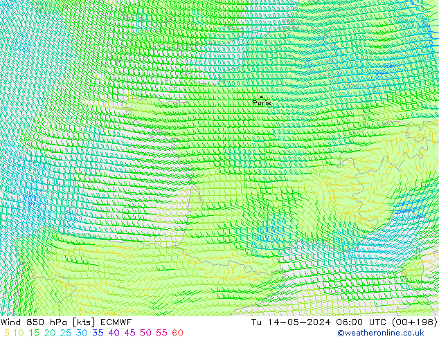 Wind 850 hPa ECMWF Tu 14.05.2024 06 UTC