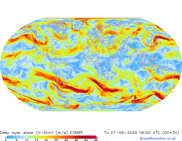 Deep layer shear (0-6km) ECMWF Tu 07.05.2024 06 UTC