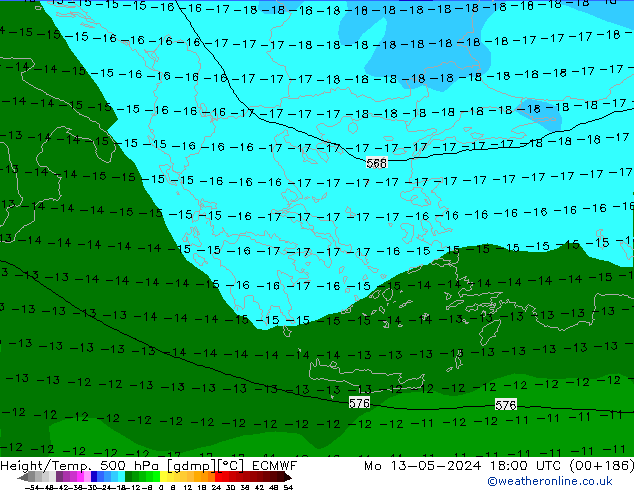 Z500/Rain (+SLP)/Z850 ECMWF Mo 13.05.2024 18 UTC