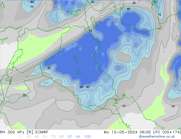 RH 300 hPa ECMWF Mo 13.05.2024 06 UTC