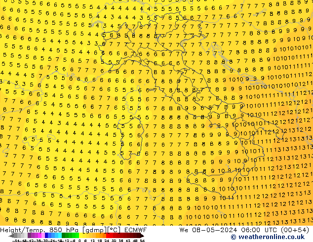 Yükseklik/Sıc. 850 hPa ECMWF Çar 08.05.2024 06 UTC